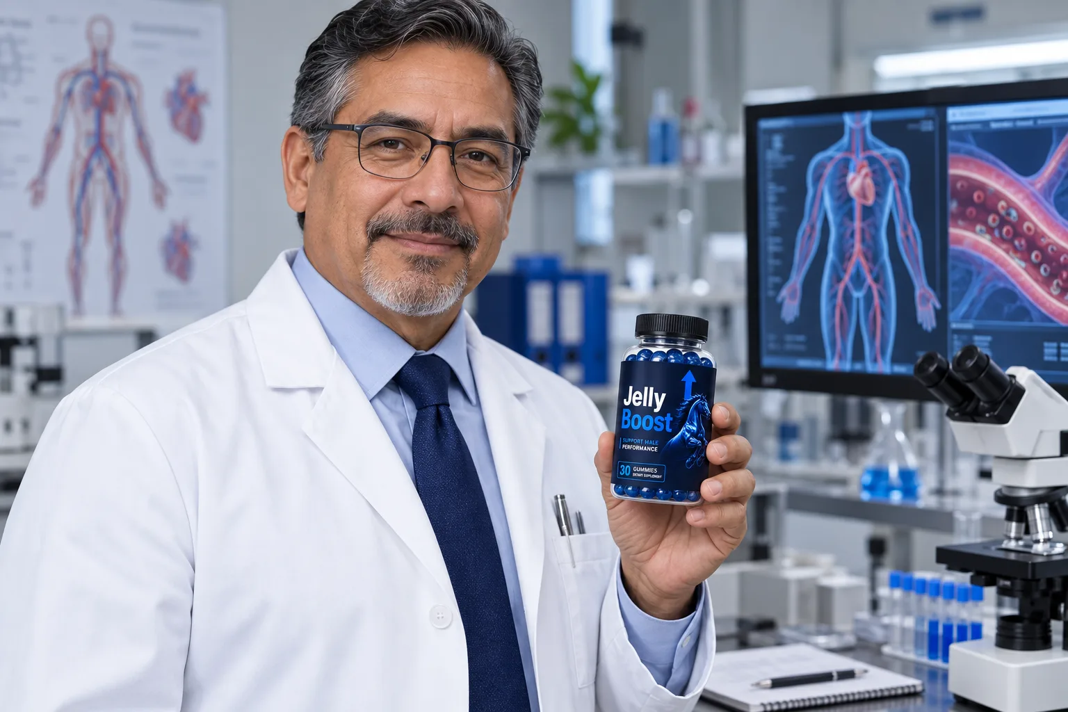 Dr. Francisco Novello, MD, reviewing JellyBoost® male performance gummies in a lab setting