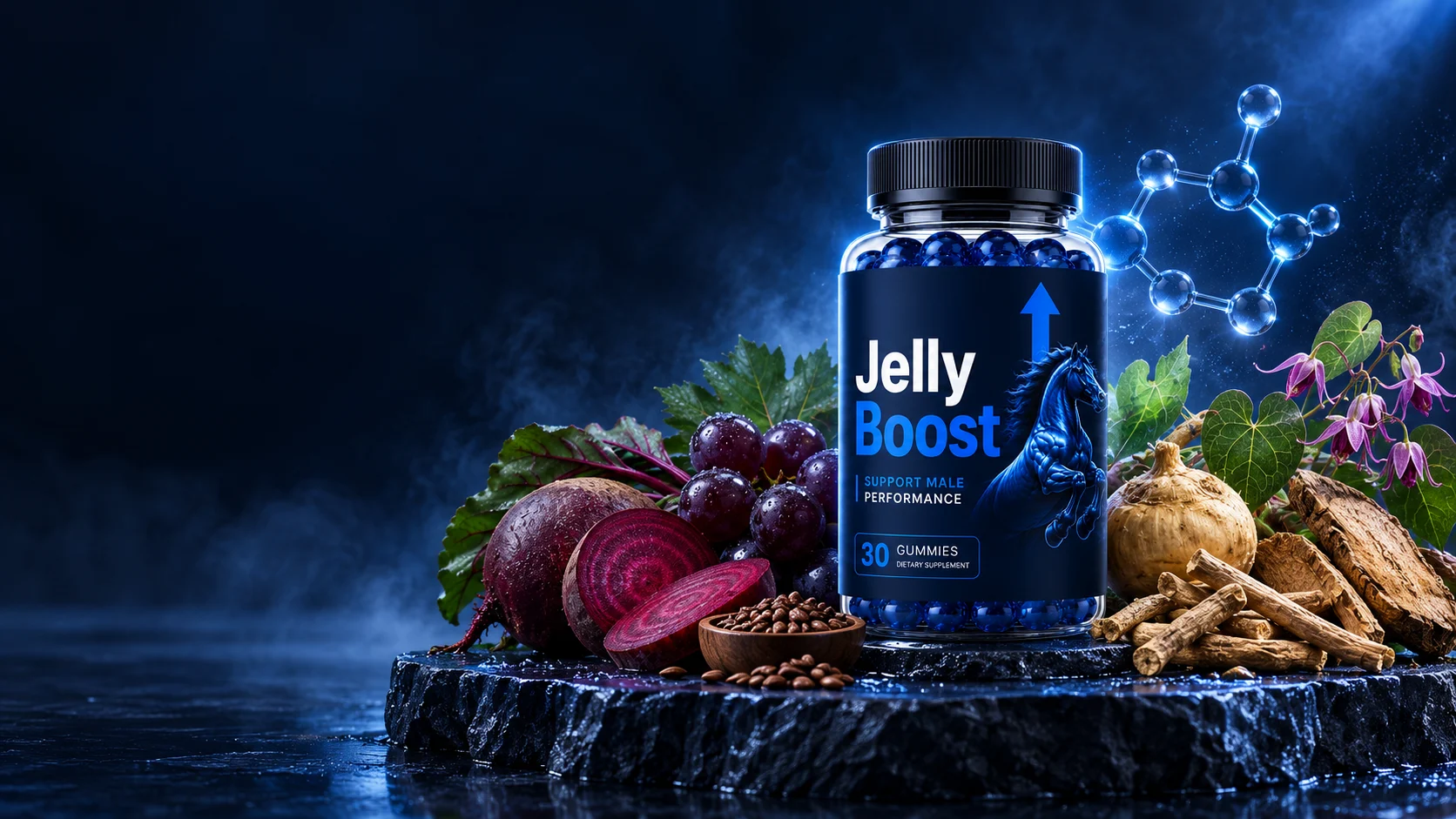 JellyBoost® bottle surrounded by its natural active ingredients including beet root, grape seed, tongkat ali and horny goat weed